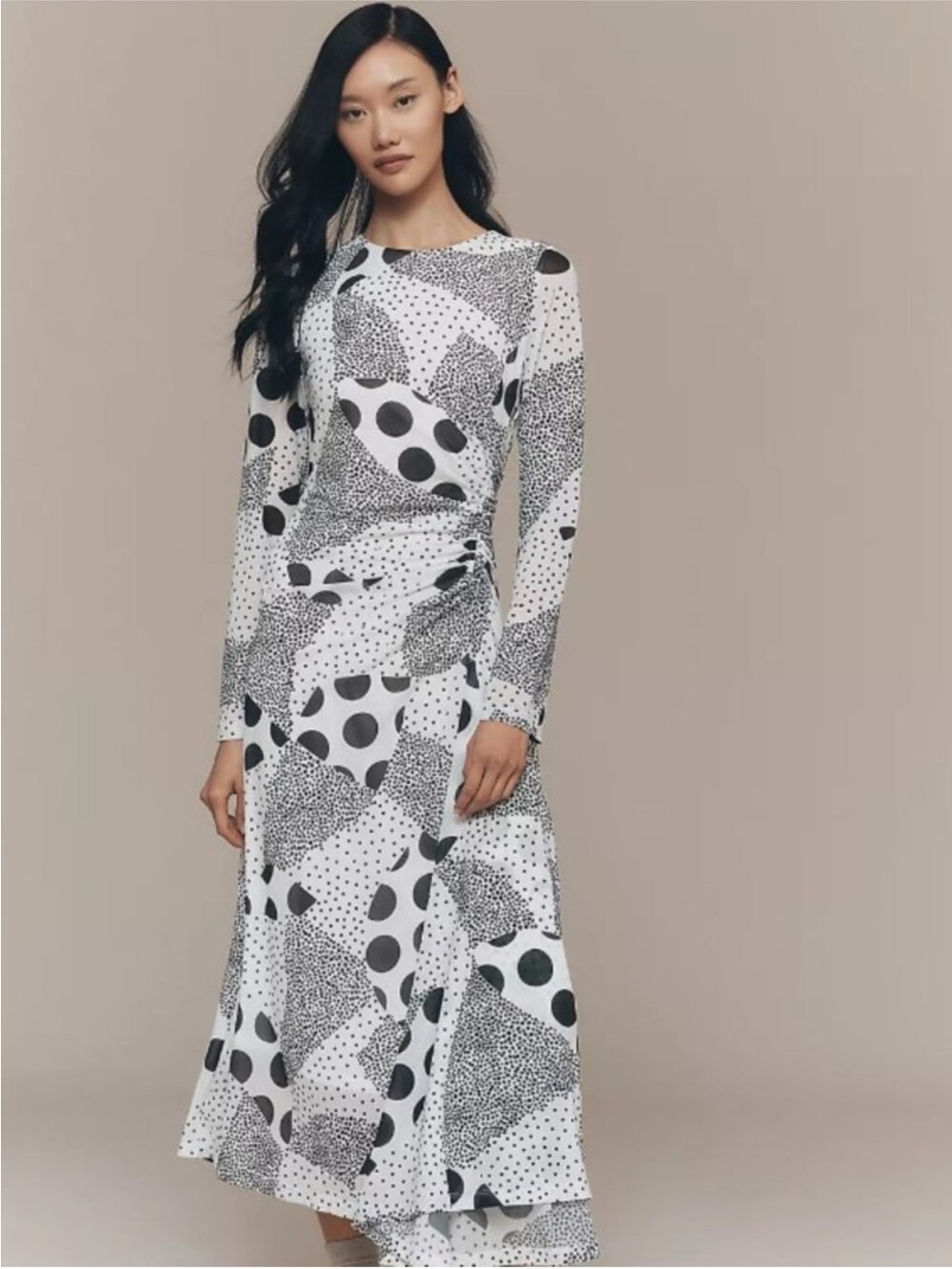 Anthropologie Long-Sleeve Ruched Mesh Midi Dress Size XS